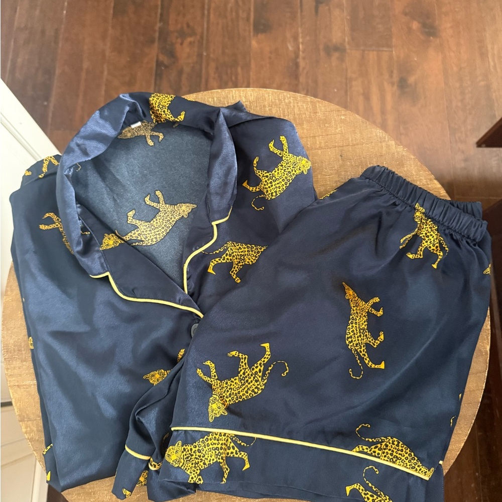 Navy Pajama Set with Yellow Leopard Print
